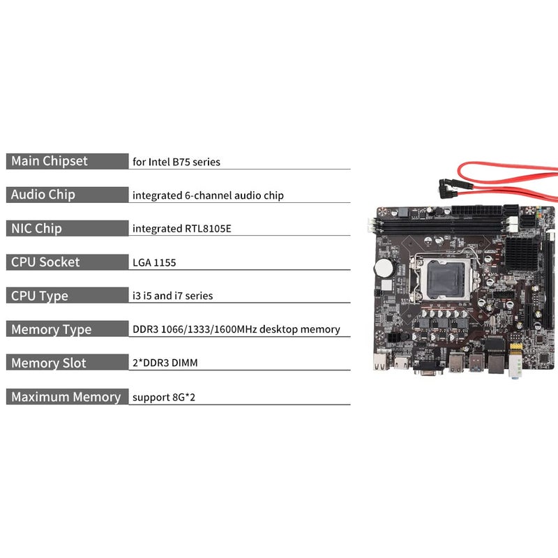 Tangxi لوحة أم لجهاز الكمبيوتر المكتبي، لوحة أم DDR3 لبور B75، LGA 1155، DDR3 1066/1333/1600/1866MHz، صوت 6 قنوات، PCI E X16 /USB 3.0/SATA 3.0/RJ45//واجهة VGA، تدعم معالجات I3 I5 I7 - Image 2
